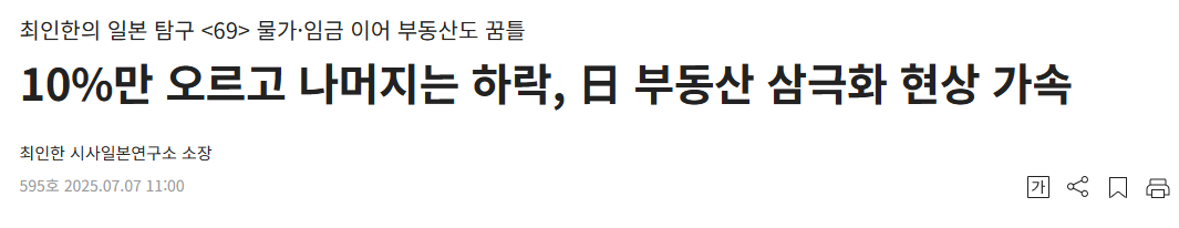 최인한의 일본 탐구 <69> 물가·임금 이어 부동산도 꿈틀 10%만 오르고 나머지는 하락, 日 부동산 삼극화 현상 가속