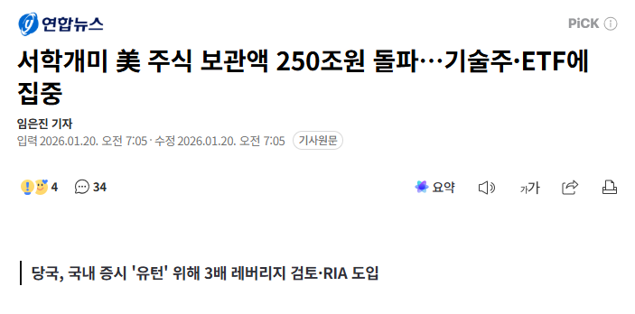 서학개미 美 주식 보관액 250조원 돌파…기술주·ETF에 집중