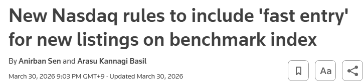 New Nasdaq rules to include 'fast entry' for new listings on benchmark index | Reuters